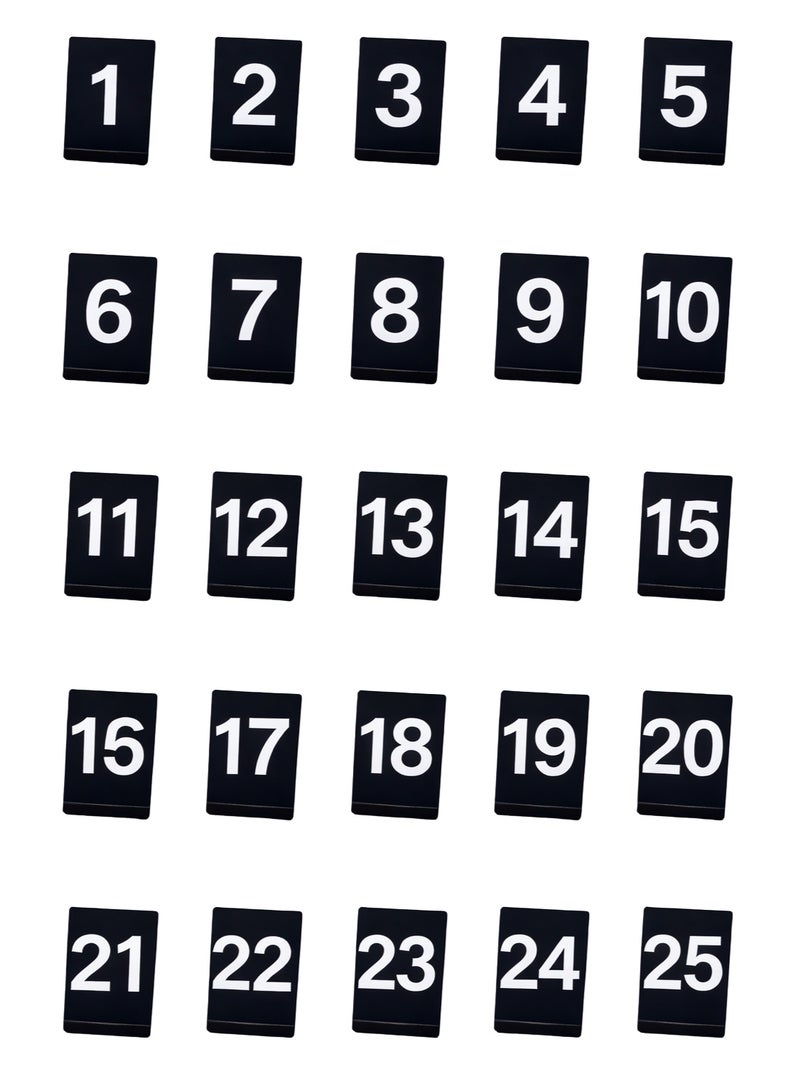 Acrylic Table Number Set 1–25 Black Glossy – Upright Stand for Restaurants & Cafes - Image 1